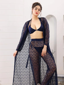 4pc See Through Robe, Long Sheer Robe With Pajamas